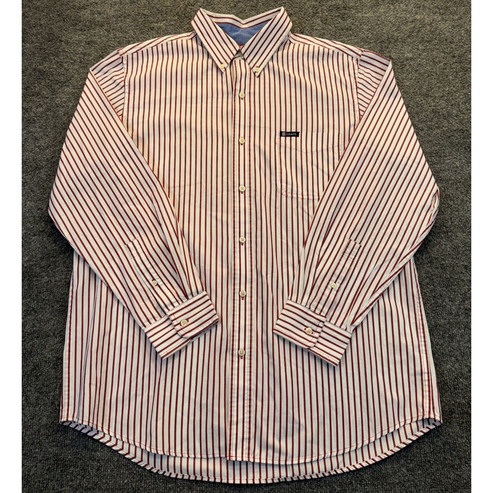 Chaps Men's Large Red White Striped Button Down Shirt Easy Care Long Sleeve